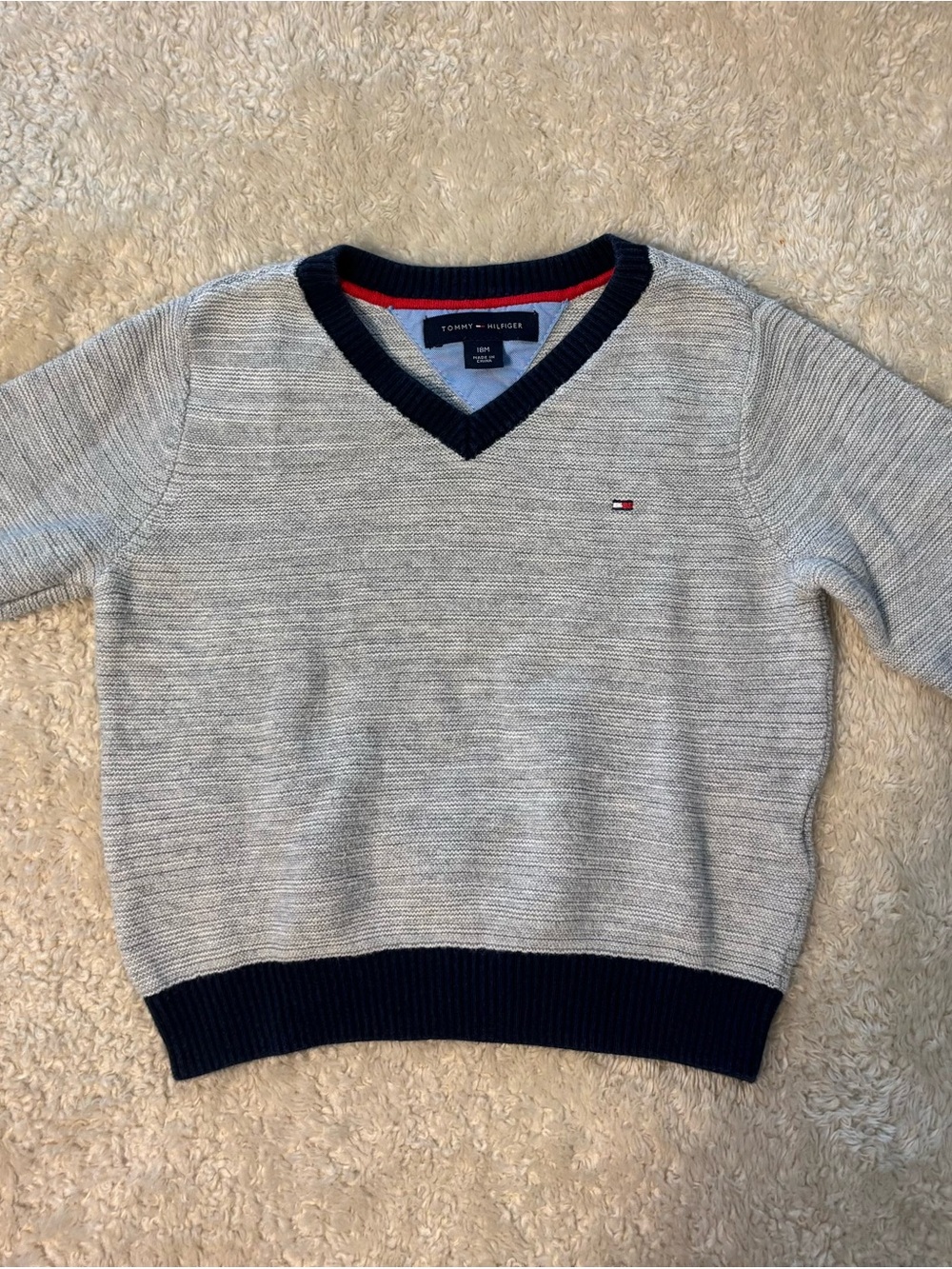 Tommy Hilfiger Kid's Gray V-Neck Sweater with Navy Trim